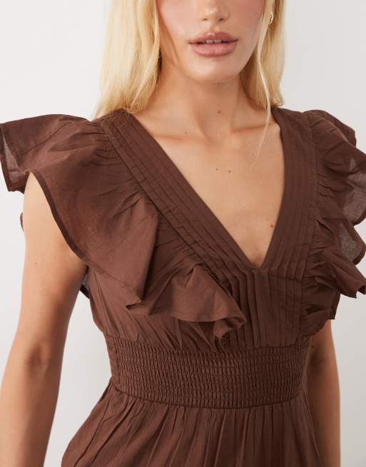 New Look flutter sleeve tiered mini dress in brown, 3 of 4