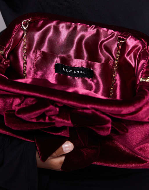 New Look - Fluwelen clutch tas met strik in donker bordeauxrood, 4 van 4