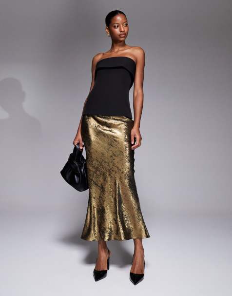 New Look foil metallic satin midi skirt in gold - view 1