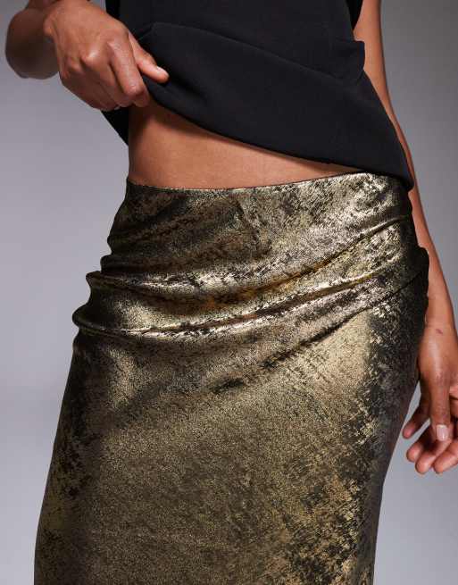 New Look foil metallic satin midi skirt in gold, 2 of 5
