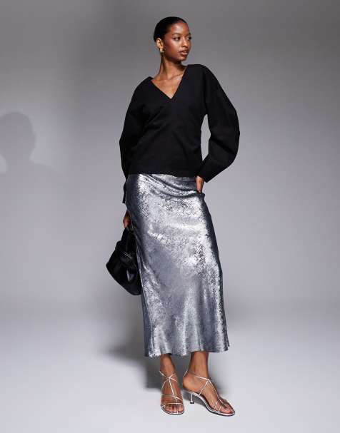 New Look foil metallic satin midi skirt in silver - view 1