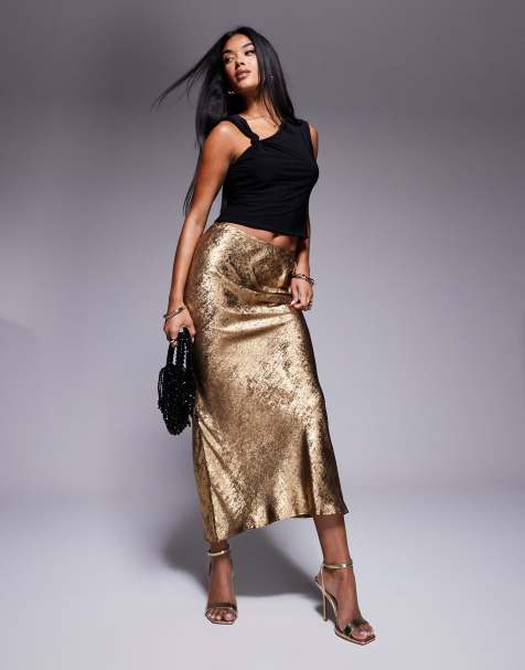 New Look foil satin midi skirt in gold - view 1