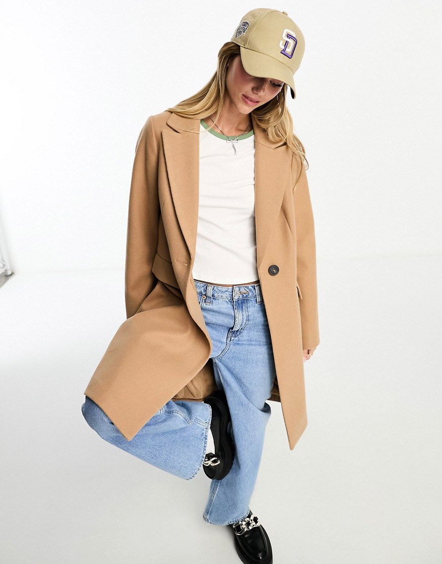 New Look formal lined button front coat in camel-Neutral
