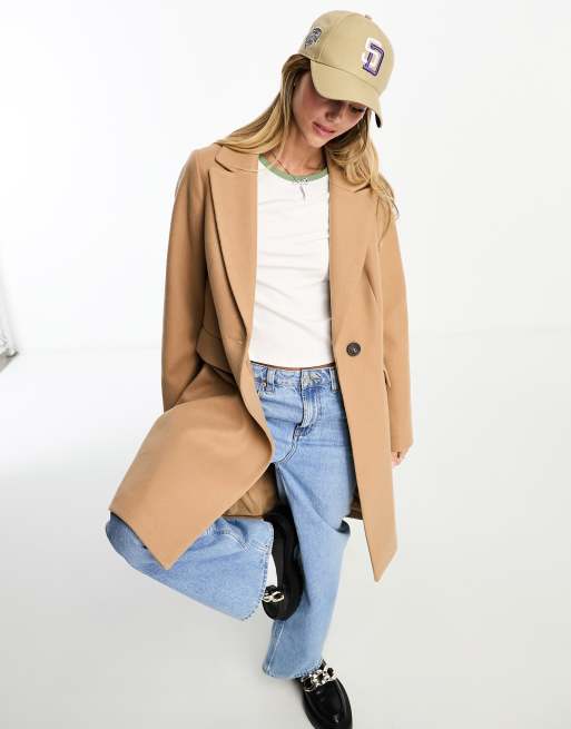 New Look formal lined button front coat in camel ASOS