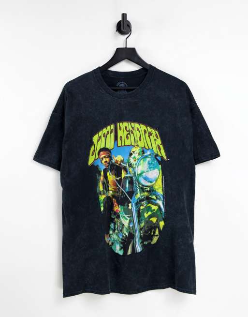 New Look - Forvasket sort oversized T-shirt med Jimi Hendrix-print
