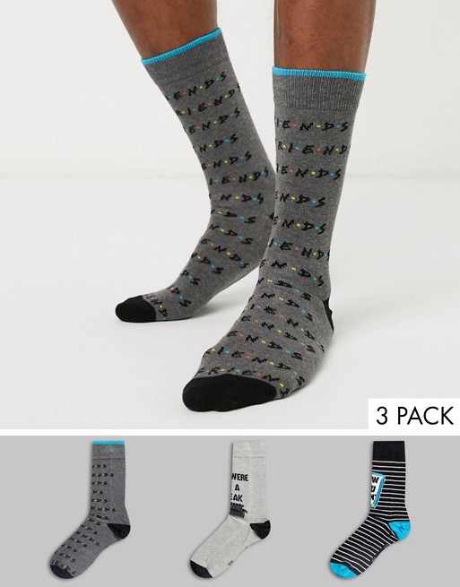 New Look Friends quotes 3 pack socks in multi