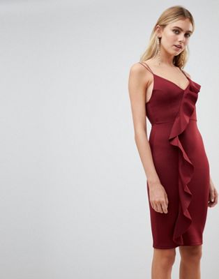 New Look frill bodycon dress in burgundy-Red