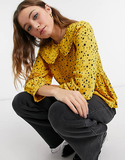New Look frill collar blouse in yellow star print