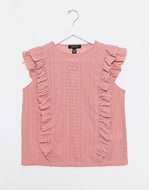 New Look frill detail broderie top in pink