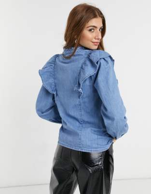 New Look frill detail denim blouse in mid blue