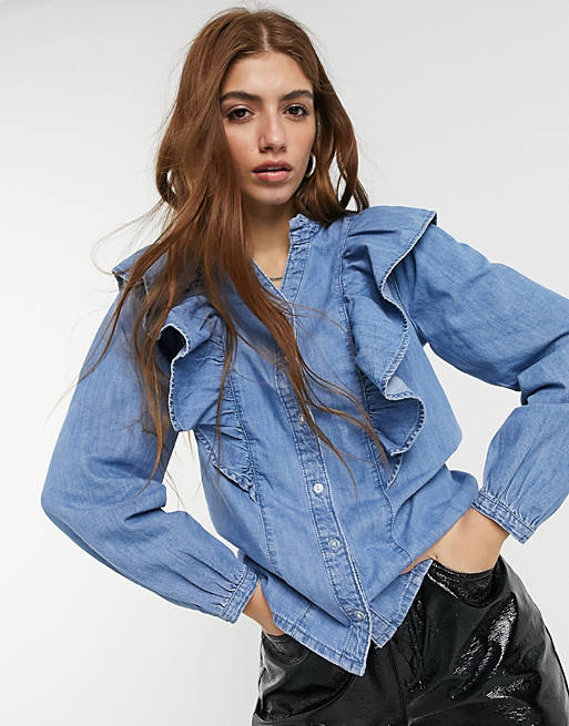  Shirts & Blouses/New Look frill detail denim blouse in mid blue 