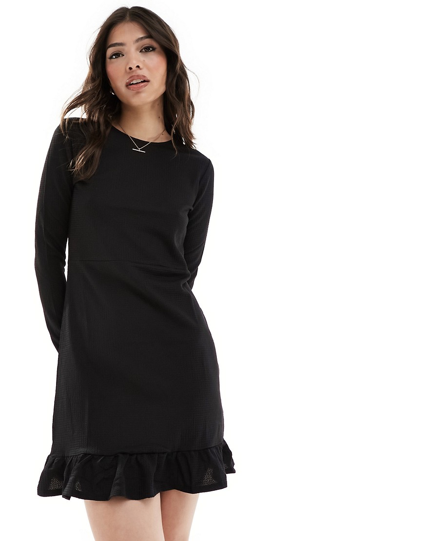 New Look frill detail long sleeve mini dress in black