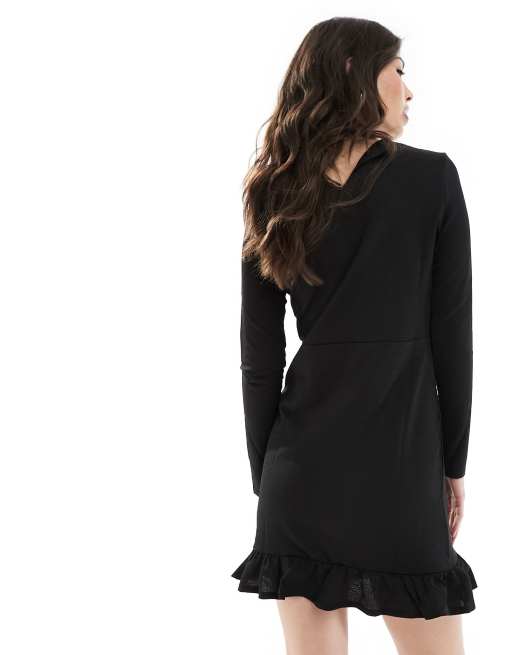 New Look frill detail long sleeve mini dress in black, 3 of 4