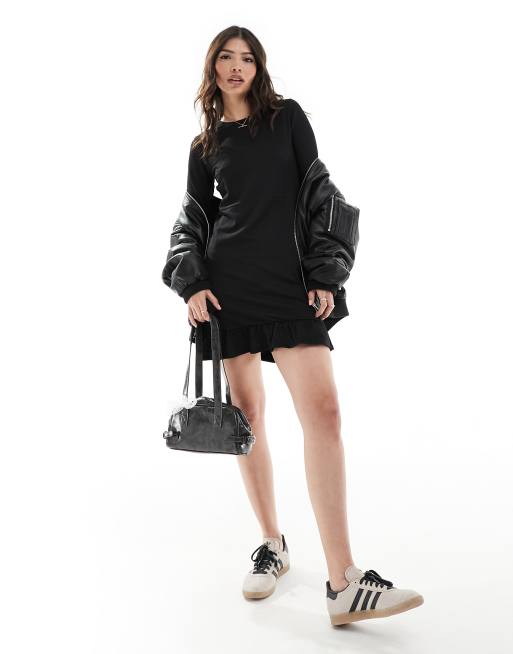 New Look frill detail long sleeve mini dress in black, 4 of 4
