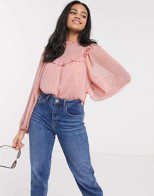 New Look frill detail polka dot blouse in pink pattern