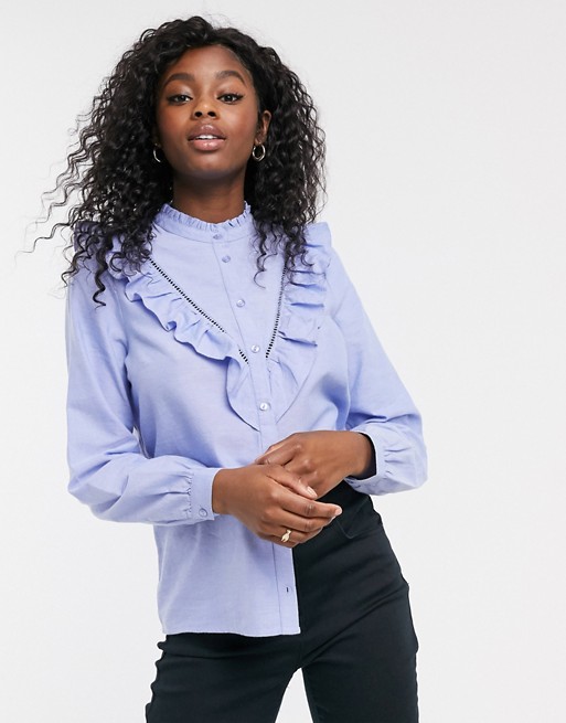 New Look frill detail shirt blouse in mid blue