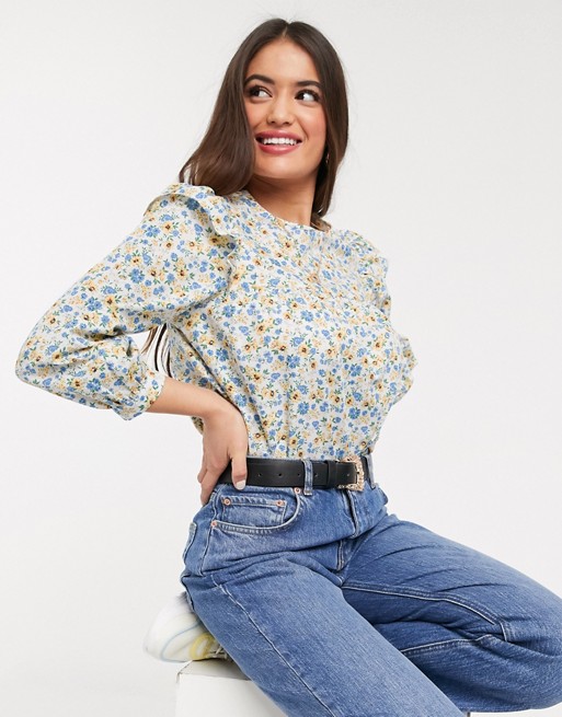 New Look poplin frill detail smock blouse in floral print