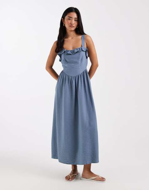 New Look frill detail strappy midi dress in blue - view 1
