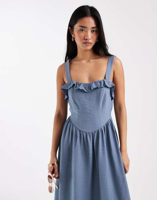 New Look frill detail strappy midi dress in blue, 2 of 4