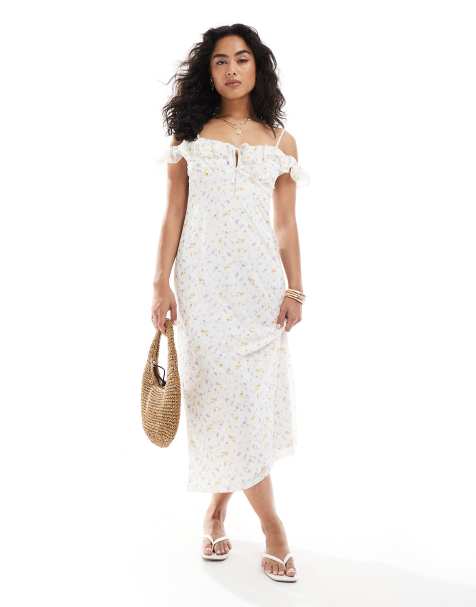 New Look frill floral mesh midi dress in white - view 1