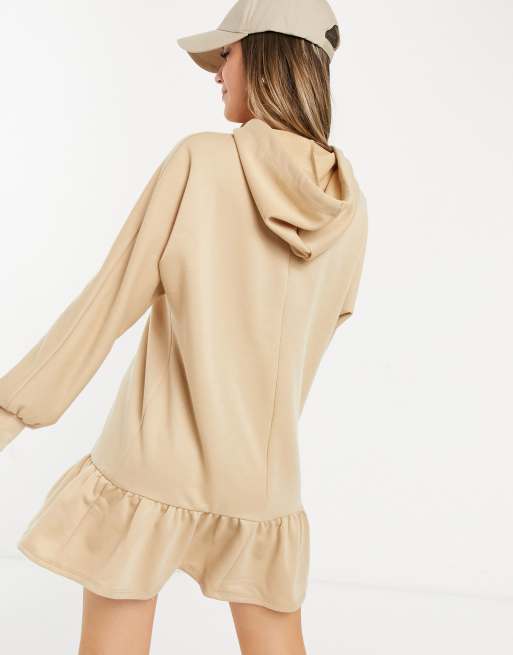 New Look frill hem hooded sweatshirt dress in camel