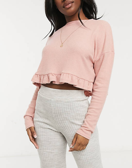 New Look frill hem ribbed lounge top in rose pink