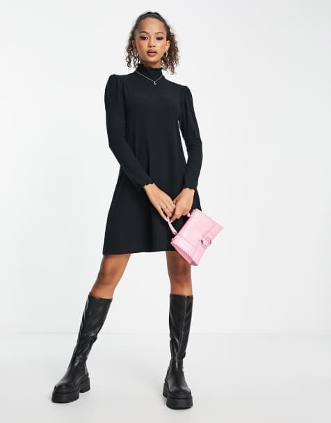 New Look frill neck long sleeve mini dress in black - view 1