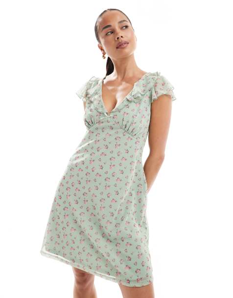 New Look frill neck mesh mini dress in green floral - view 1