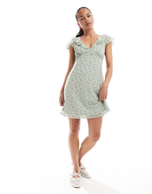 New Look frill neck mesh mini dress in green floral, 3 of 4