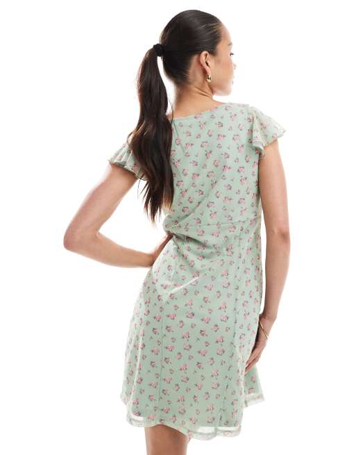 New Look frill neck mesh mini dress in green floral, 4 of 4
