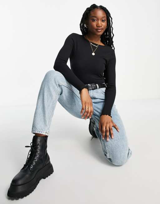 New Look frill neck ribbed long sleeve t-shirt in black