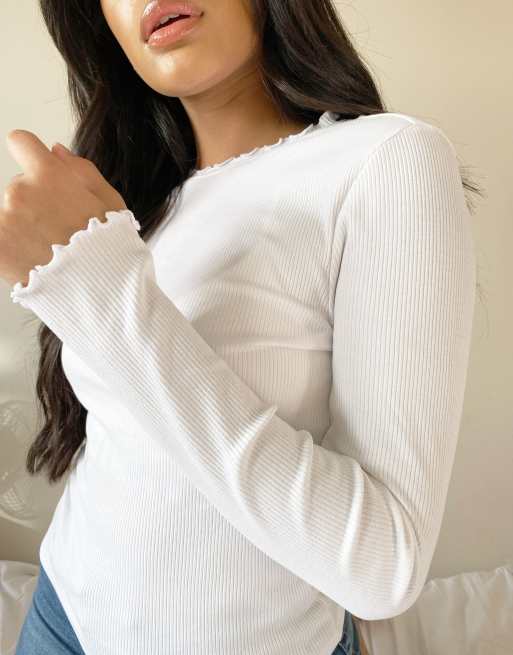 New Look frill neck ribbed top in white, 3 of 4