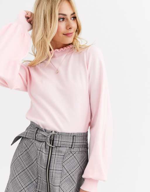 New Look frill neck volume sleeve sweater in pastel pink | ASOS