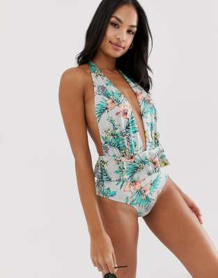 Frill Peplum Plunge Swimsuit-Silver