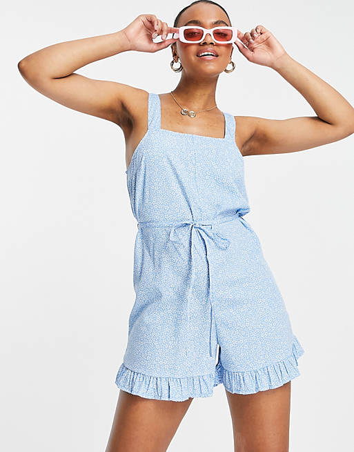 New Look frill playsuit in blue pattern