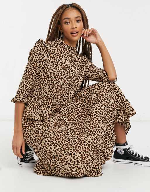 New Look frill shoulder midi dress in brown animal pattern ASOS