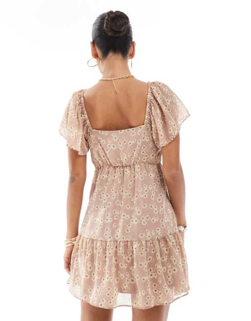 New Look frill skirt mini dress in brown floral pattern, 3 of 4