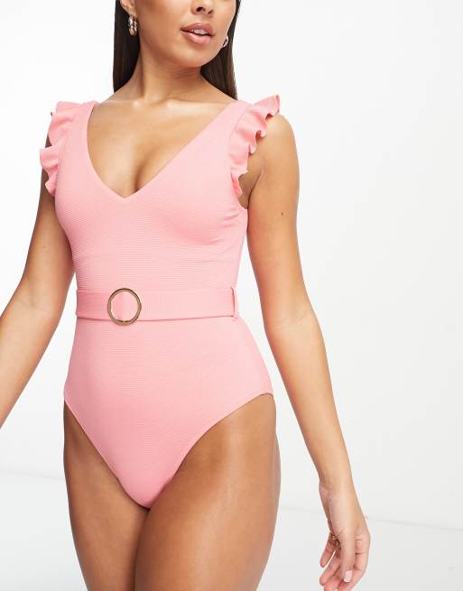 Pink Plunge Belted Swimsuit, Swimwear