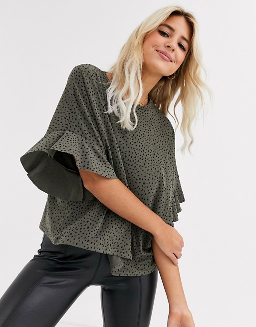 New Look frill sleeve polka dot blouse in green