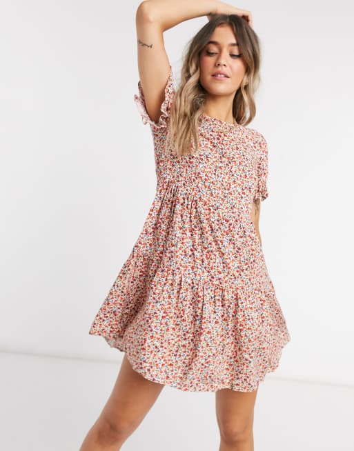 New Look frill sleeve smock dress in red ditsy print | ASOS