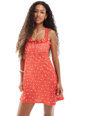 [New Look] New Look frill tie-front floral mini dress in red 10 Red Pattern