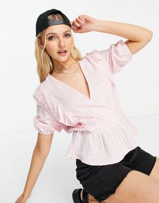 New Look frill wrap blouse in pink gingham - ASOS Price Checker