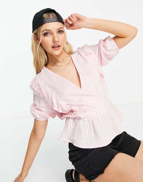 New Look frill wrap blouse in pink gingham - view 1