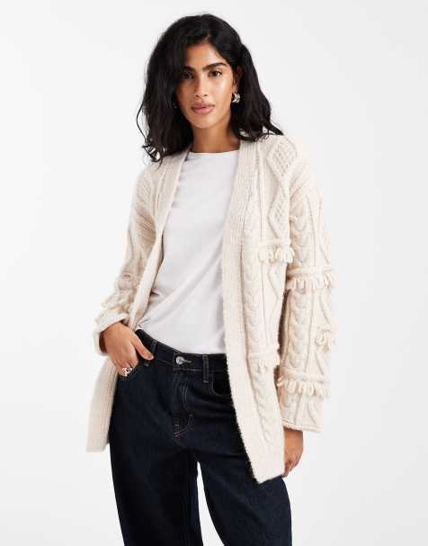New Look fringe cable stitch cardigan in cream - view 1