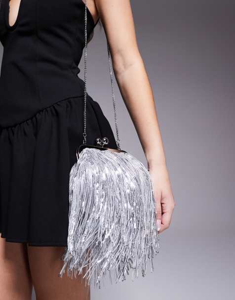 New Look fringe clutch bag in silver - view 1
