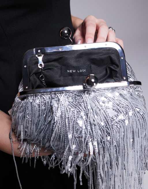 New Look fringe clutch bag in silver, 2 of 4