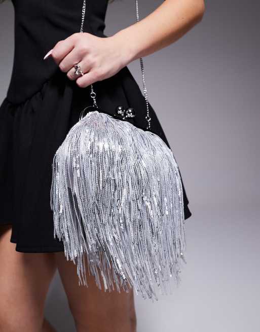 New Look fringe clutch bag in silver, 3 of 4
