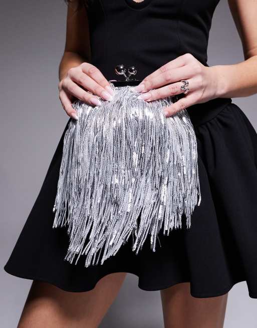 New Look fringe clutch bag in silver, 4 of 4