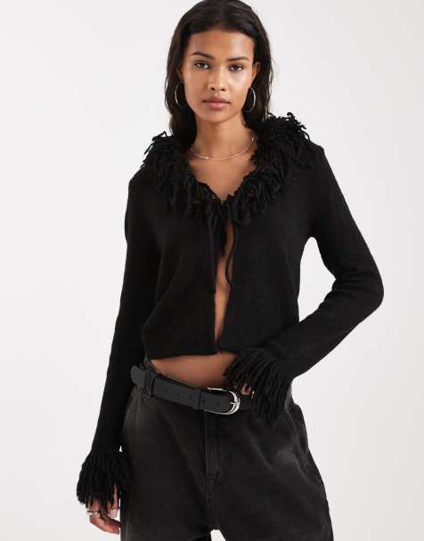 New Look fringe collar cuffed cardigan in black - view 1