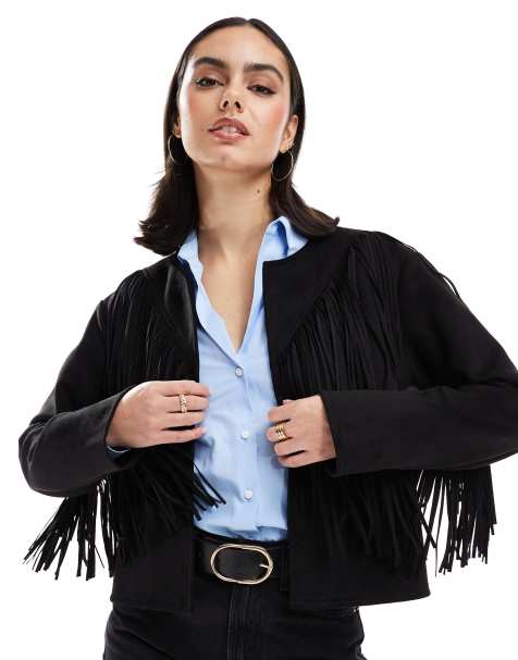 New Look fringe collarless suedette jacket in black - view 1